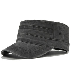 Vintage Washed Cotton Military Cadet Flat Top Cap Adjustable Hat