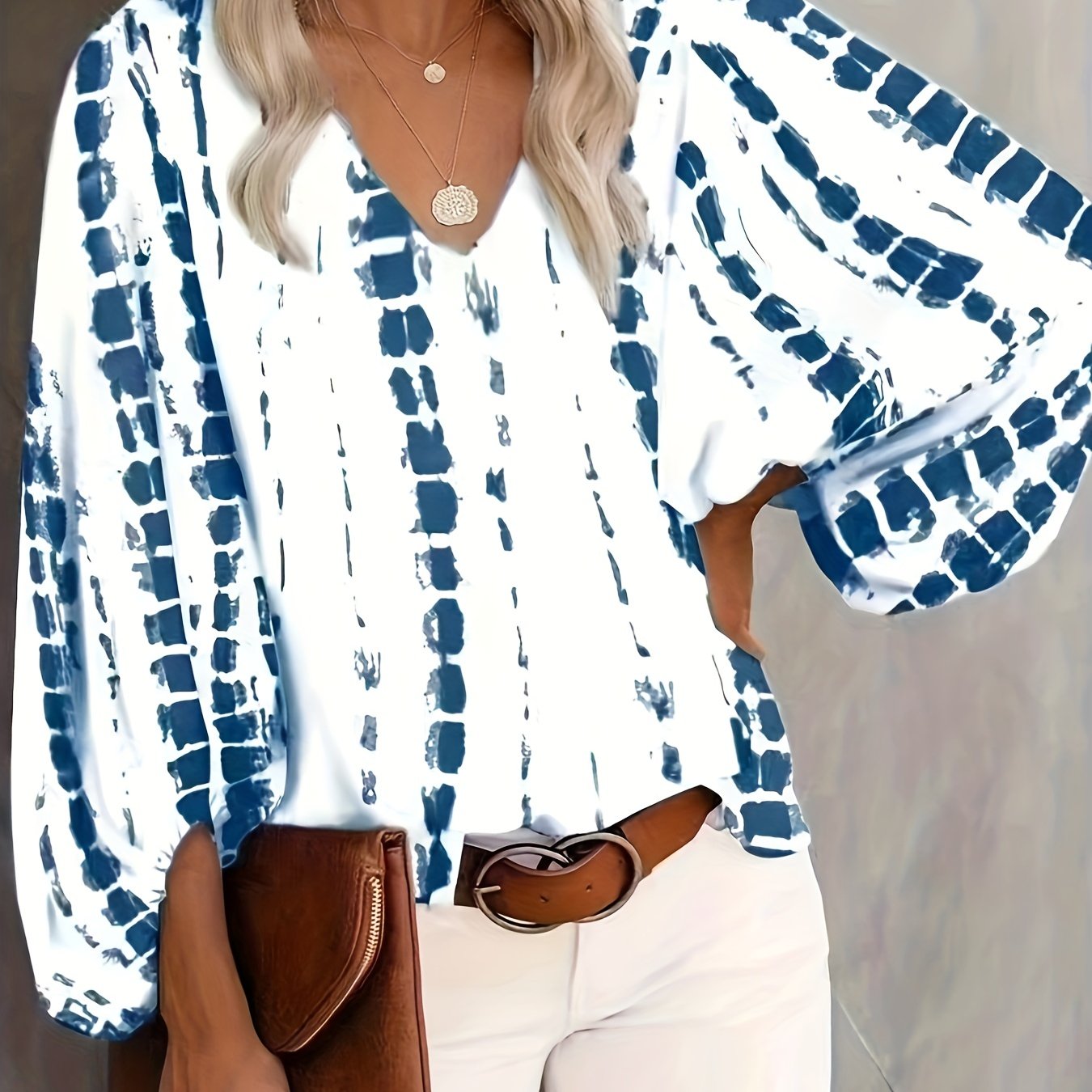 Casual Blouse Women's V Neck Lantern Sleeve Top