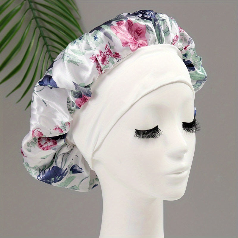 Flower Print Satin Bonnet Silk Hair Bonnet Lightweight Elastic Soft Sleep Cap