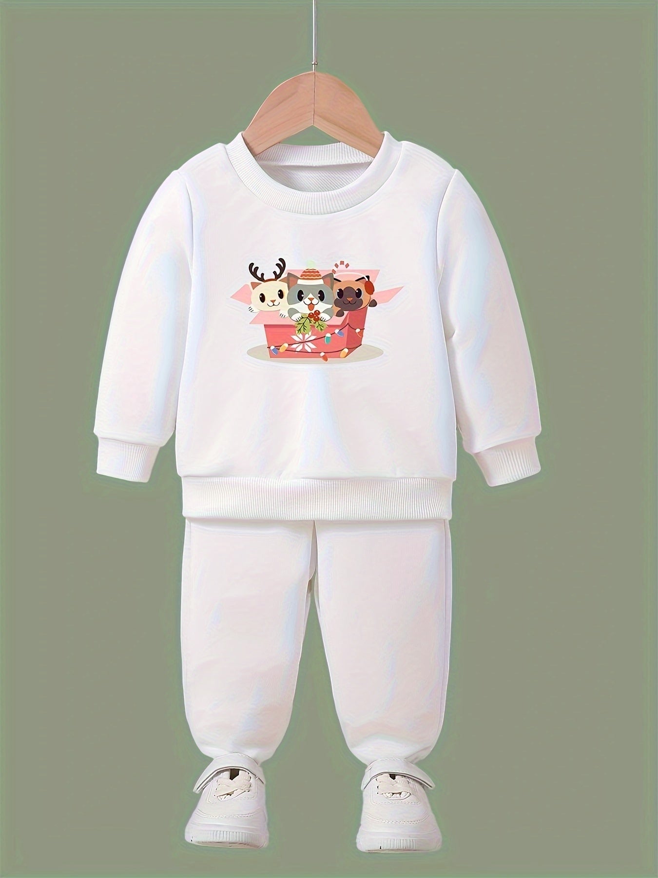 2pc Cartoon Cats Crew Neck Sweatshirt & Sweatpants Set for Girls