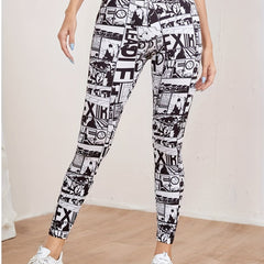 Vintage Style Printed Letter Sports Yoga Leggings Elastic Tight Pants