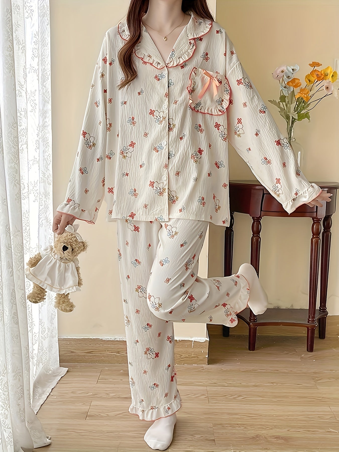 Cartoon Print Lounge Set Long Sleeve Top & Ruffle Pants