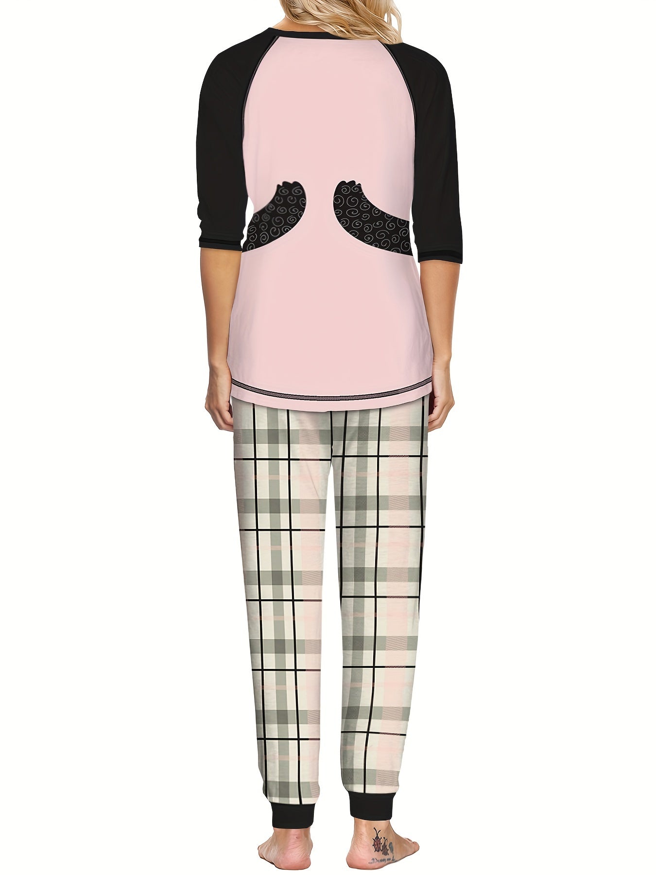 Christmas Cartoon Cat Print Lounge Set Long Sleeve Top & Pants Women's Pajamas