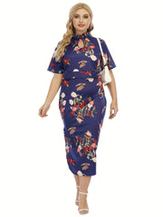 Women's Plus Floral Print Cut Out Crop Top & Bodycon Skirt Set
