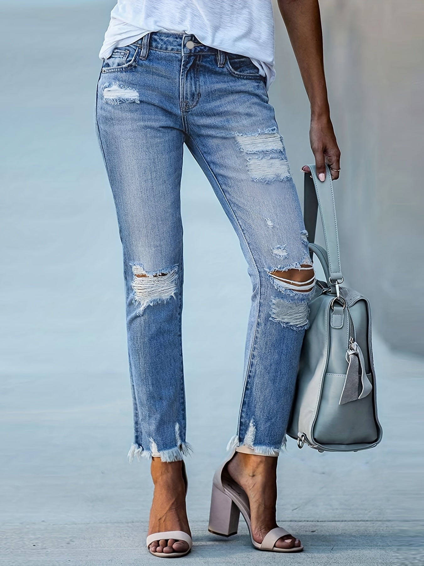 Ripped Hole Straight Jeans Casual Denim Pants