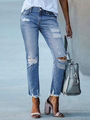 Ripped Hole Straight Jeans Casual Denim Pants