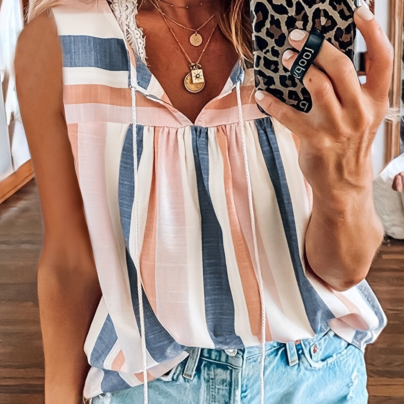 Striped Tank Top Drawstring Sleeveless Blouse