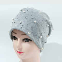 Women's Faux Pearl Beanie Warm Earmuff Stretch Headgear Head Scarf Hat Cap