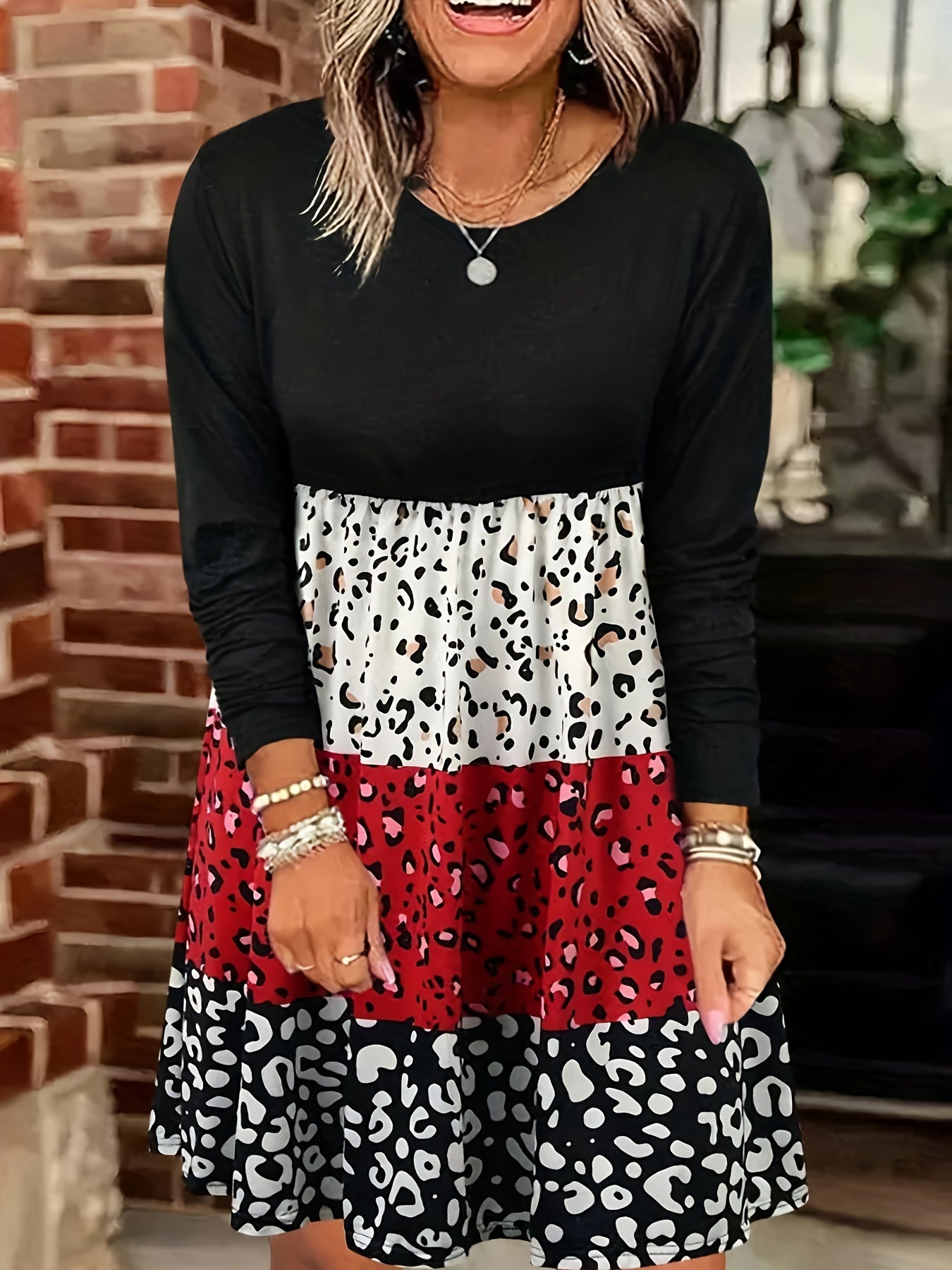 Colorblock Leopard Print Long Sleeve Round Neck Knee Length Dress