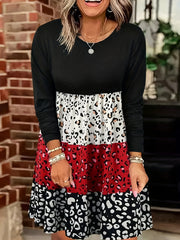 Colorblock Leopard Print Long Sleeve Round Neck Knee Length Dress