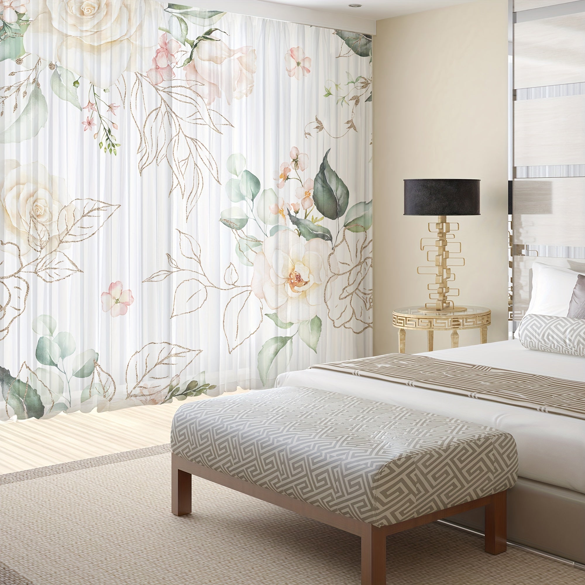 Rose Pattern Sheer Curtain Rod Pocket for Home Decor
