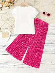 Girl Portrait Pattern T shirt & Polka Dot Pants Set For Holiday