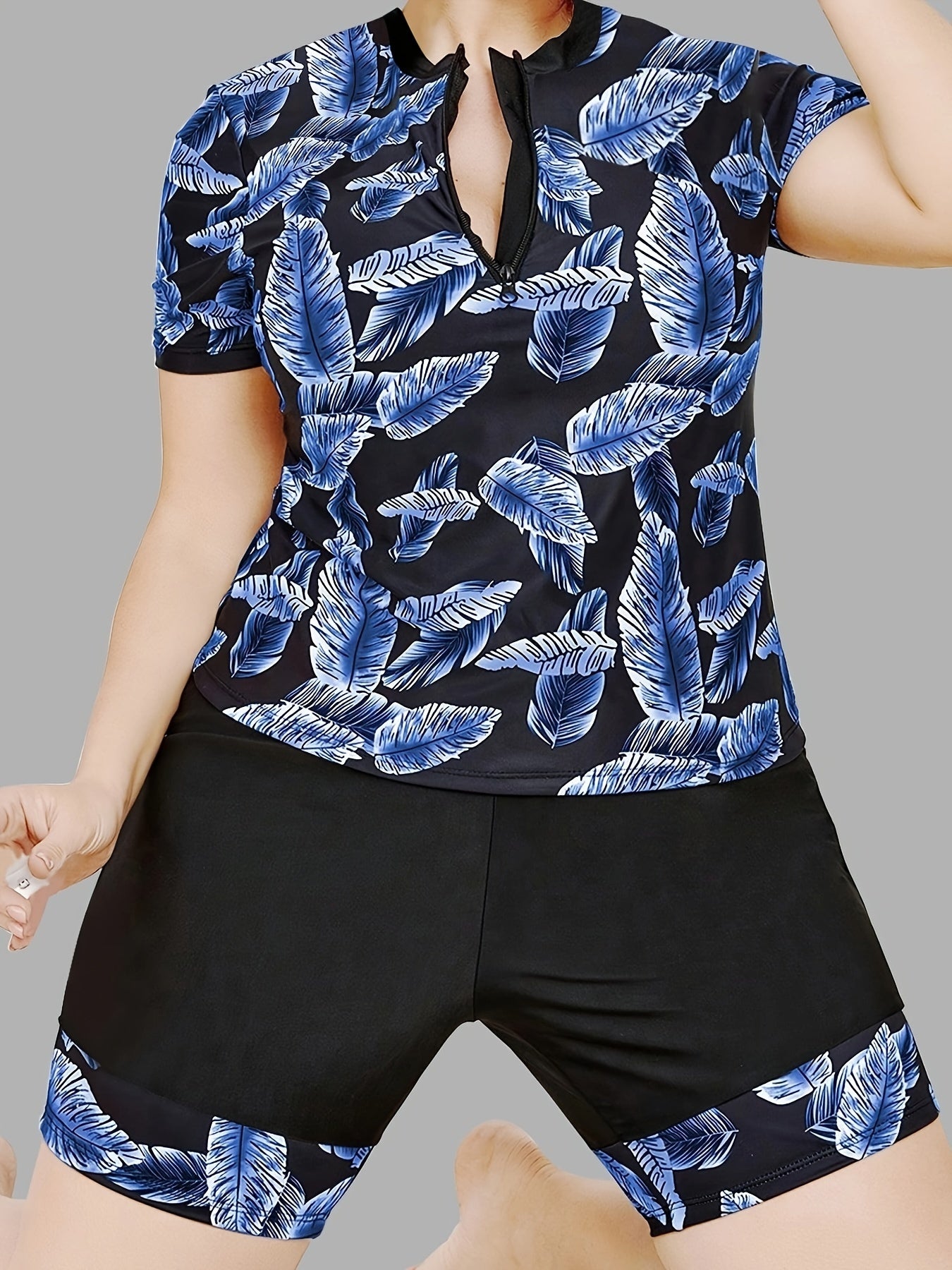 Leaf Print Zip Up Tankini Set