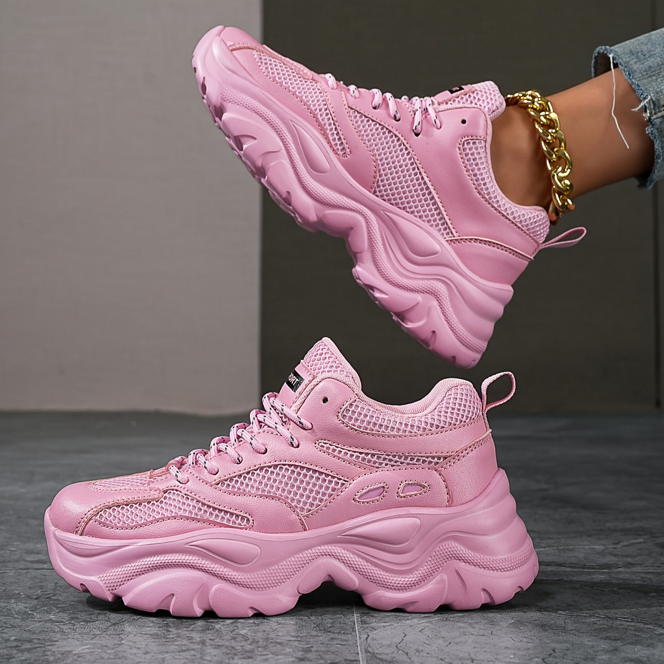 Women's Chunky Sneakers Faux Leather Lace Up Running Shoes