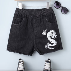 Girls Dragon Print Denim Shorts Kids Summer Clothes