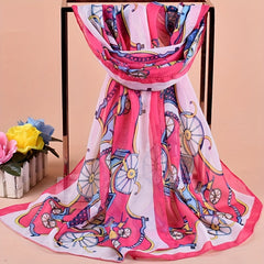 Vintage Thin Chiffon Scarf with Carriage Print Shawl