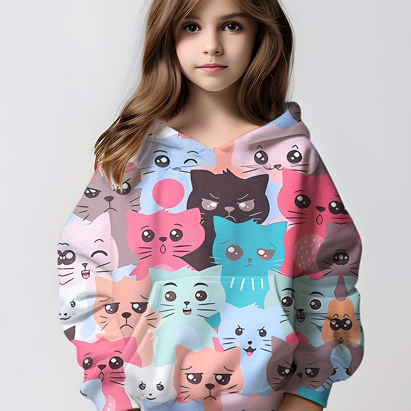 Girls' Colorful Cats Long Sleeve Hooded Sweatshirt Pullovers