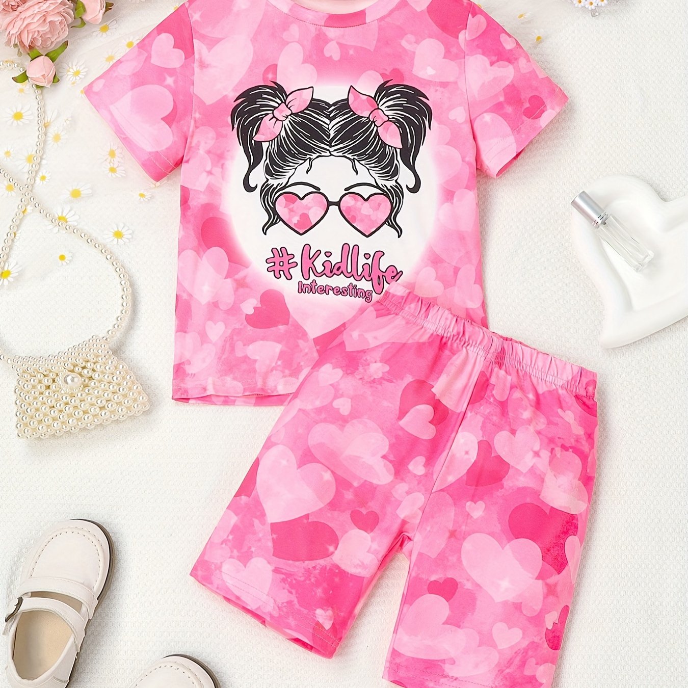 Girls Portrait KIDLIFE Love Short Sleeve T-shirt & Gradient Love Shorts Set