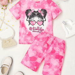 Girls Portrait KIDLIFE Love Short Sleeve T-shirt & Gradient Love Shorts Set