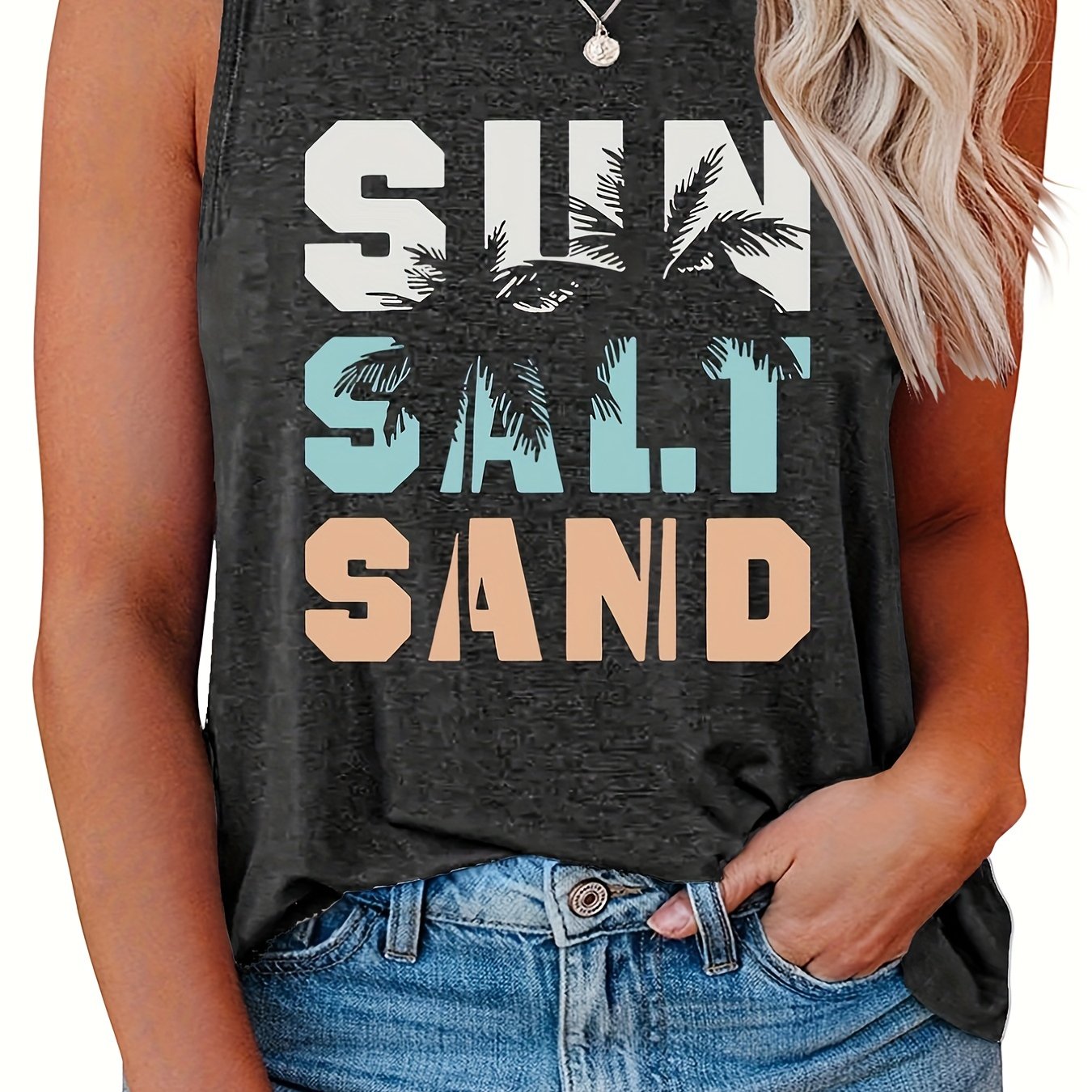 Casual Tank Top Women's Plus Art Letter & Coconut Tree Print Round Neck Tank Top