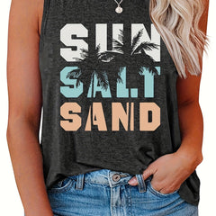 Casual Tank Top Women's Plus Art Letter & Coconut Tree Print Round Neck Tank Top