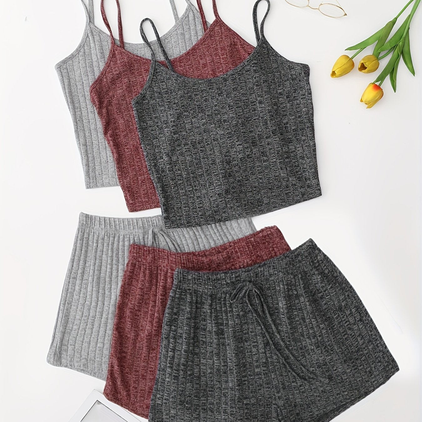 6 Pack Plus Size Basic Pajama Set Women's Plus Ribbed Knit Cami Top & Shorts