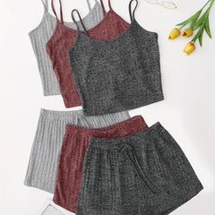 6 Pack Plus Size Basic Pajama Set Women's Plus Ribbed Knit Cami Top & Shorts