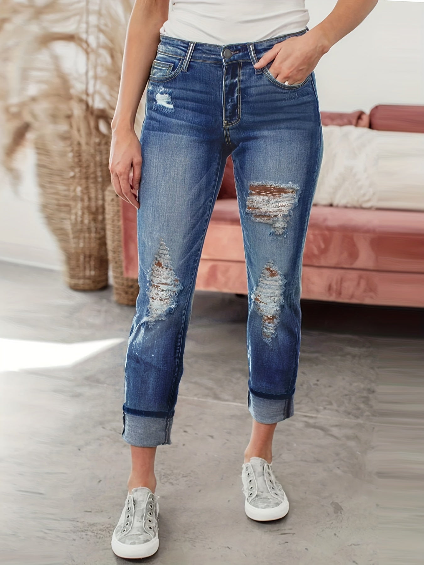Button Up Ripped Skinny Jeans