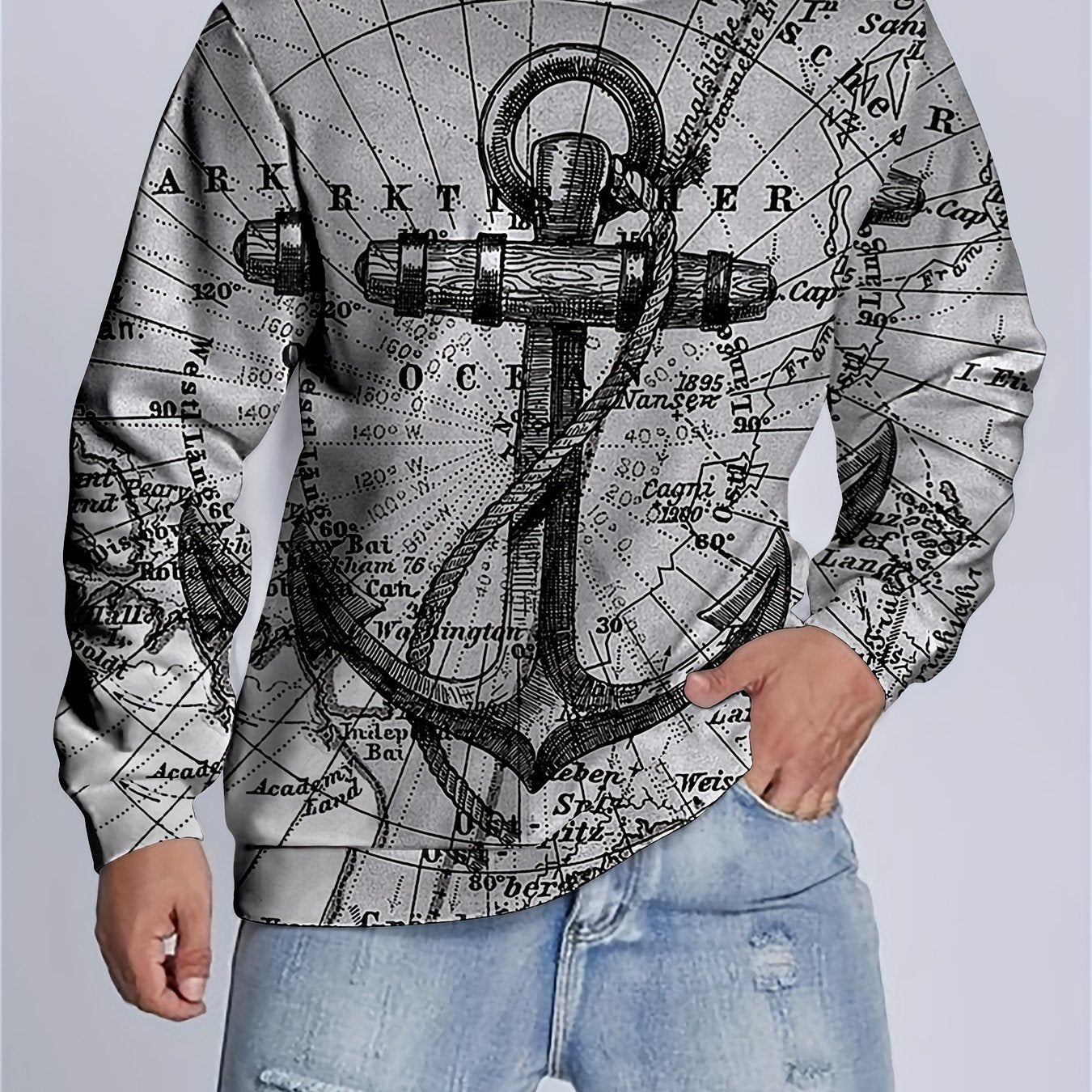 Retro Sailing Print Sweatshirt Men's Casual Graphic Pullover Sweatshirt