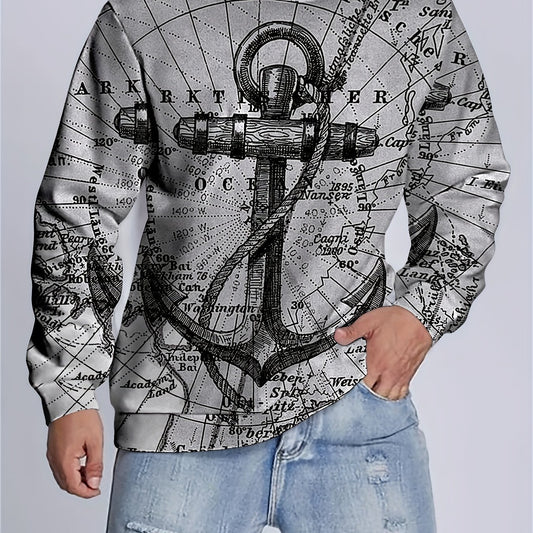 Retro Sailing Print Sweatshirt Men's Casual Graphic Pullover Sweatshirt