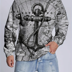 Retro Sailing Print Sweatshirt Men's Casual Graphic Pullover Sweatshirt