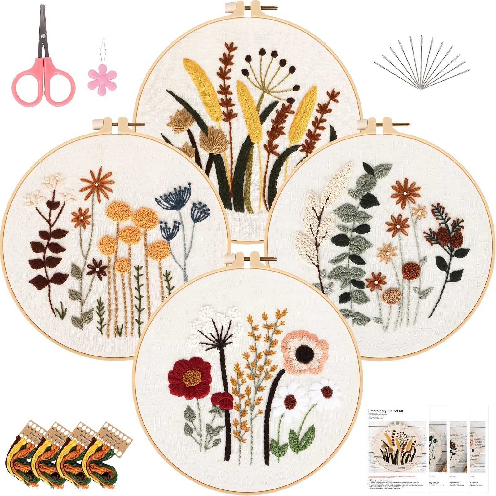 4pcs Flowers Plants Embroidery Kit 7 9 Inch Hoop