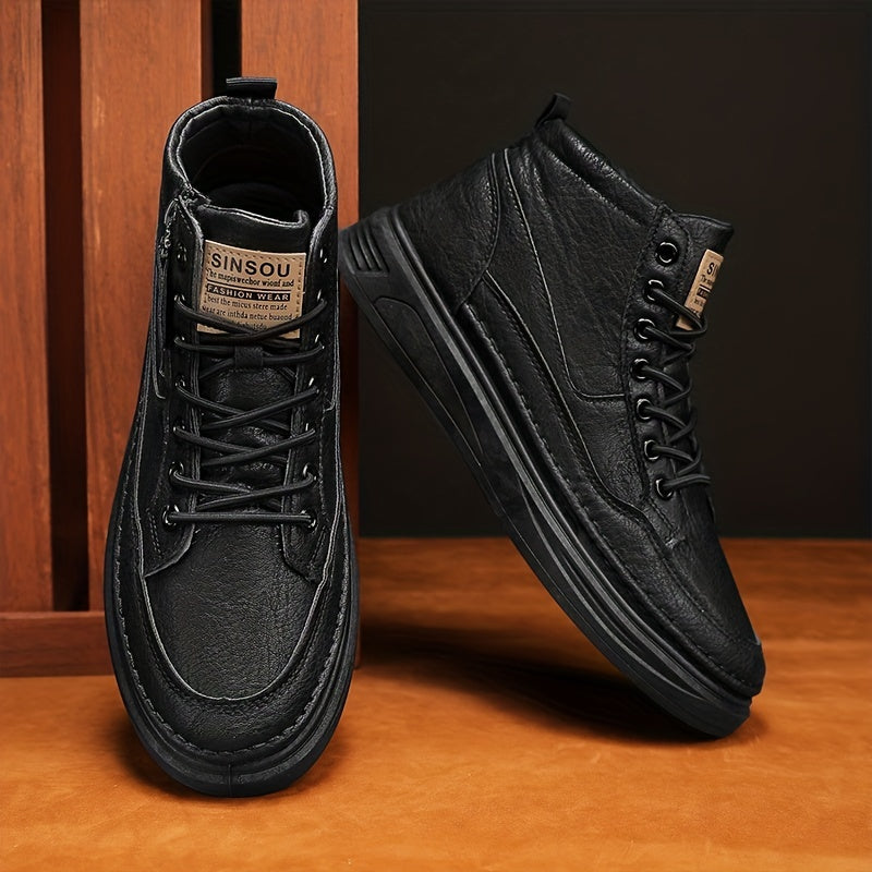 Men's Lace up PU Leather Boots Side Zip Casual Walking Shoes