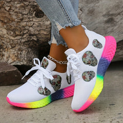 Women's Skull Pattern Sneakers Lace Up Low Top Mesh Shoes