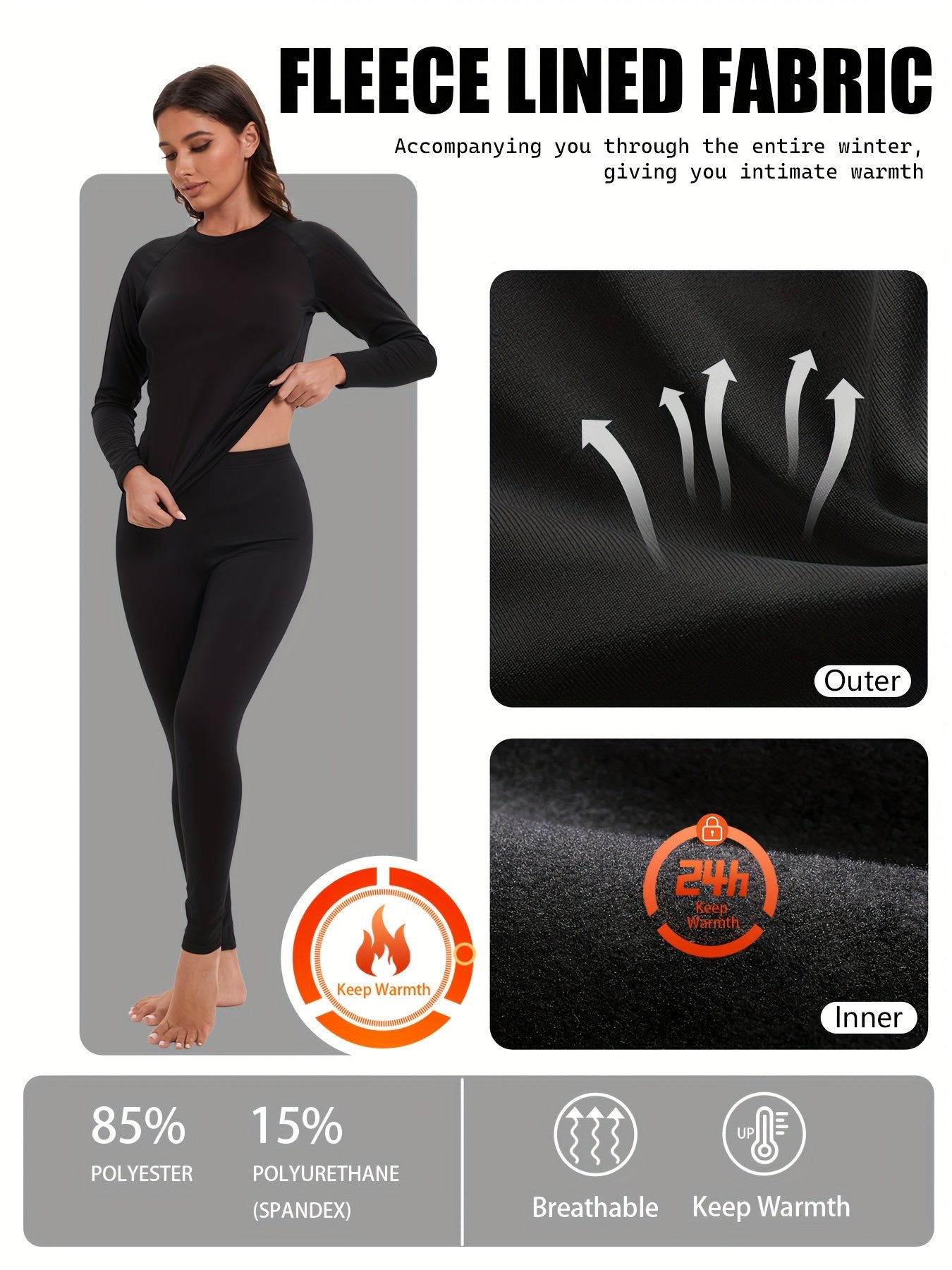 2Pcs Base Layer Set T Shirt & Fleece Pant Thermal Underwear Women's Activewear