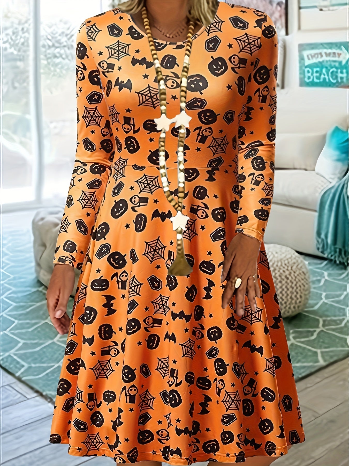 Women's Plus Allover Print Long Sleeve Round Neck A line Dress