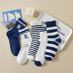 5 Pairs Letter & Striped Print Socks, Comfy & Breathable Mid Tube Socks