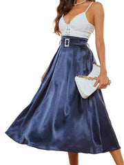 Solid Satin Midi Skirt High Waist Pleated Swing Style