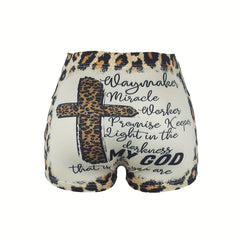 Letter & Leopard Print Skinny Shorts for Women