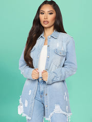 Women's Long Sleeve Distressed Denim Coats