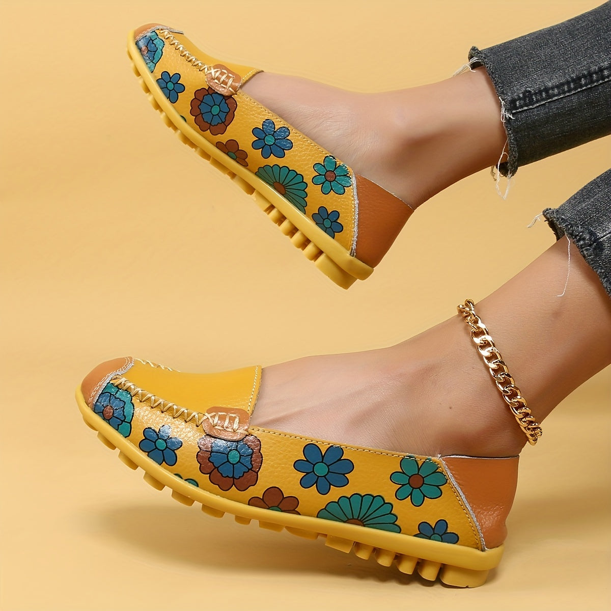 Women's Yellow Flower Pattern Flat Casual Shoes Lightweight