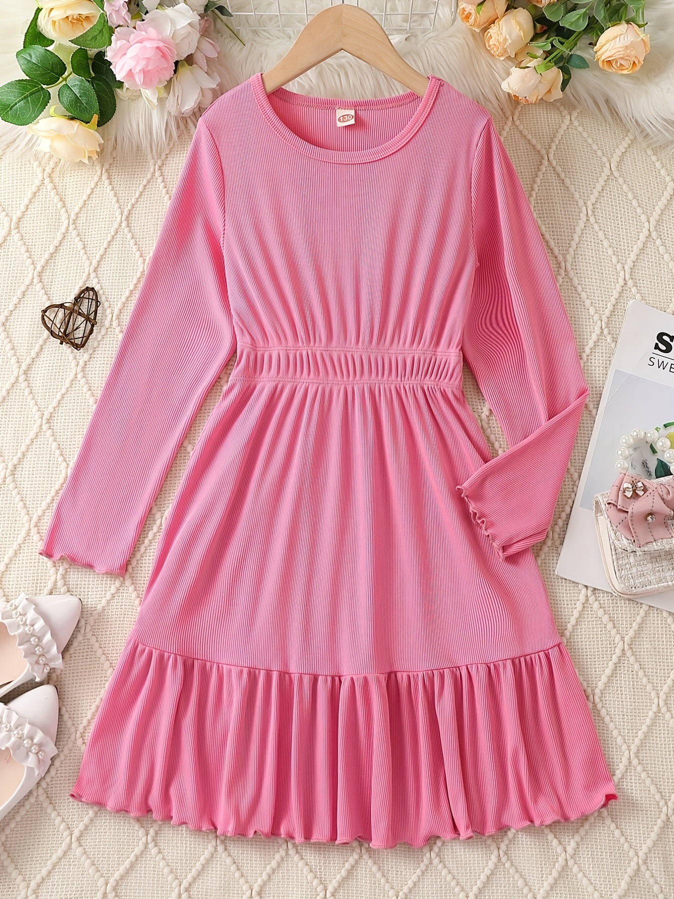 Kid Girls Stretch Rib Knit Long Sleeve Tunic Dress for Party Daily Casual Dress