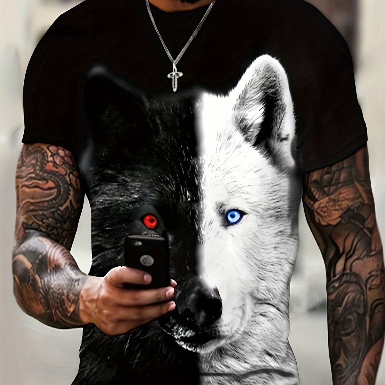 Men's Wolf Pattern Sports T-shirt Round Neck Tee Shirt