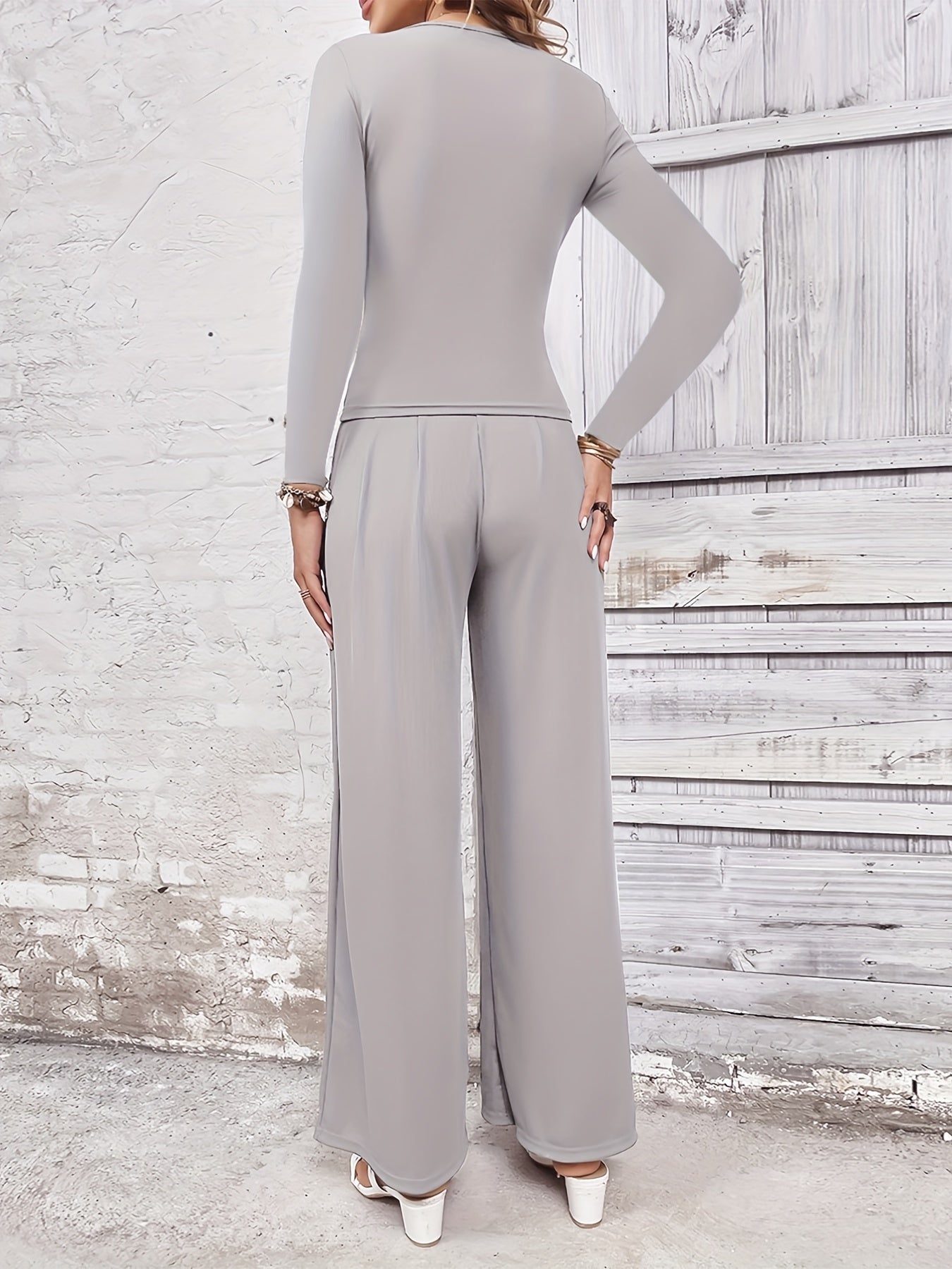 Solid Two piece Set Slim Long Sleeve Crew Neck T shirt & Wide Leg Pants