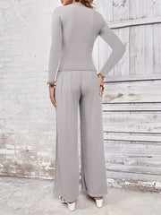 Solid Two piece Set Slim Long Sleeve Crew Neck T shirt & Wide Leg Pants