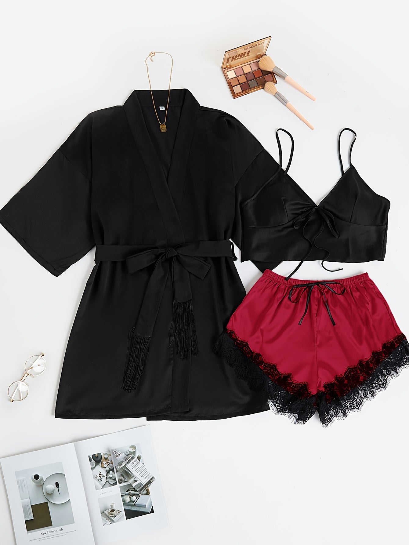 Satin Pajama Set V Neck Robe & Cami Top & Lace Trim Shorts