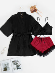Satin Pajama Set V Neck Robe & Cami Top & Lace Trim Shorts
