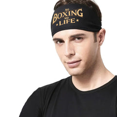 Men's No Boxing No Life Headband Bold Golden Lettering Mesh Workout Band S