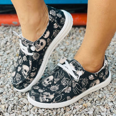 Halloween Scary Skeleton & Floral Print Low Top Sneakers Lightweight