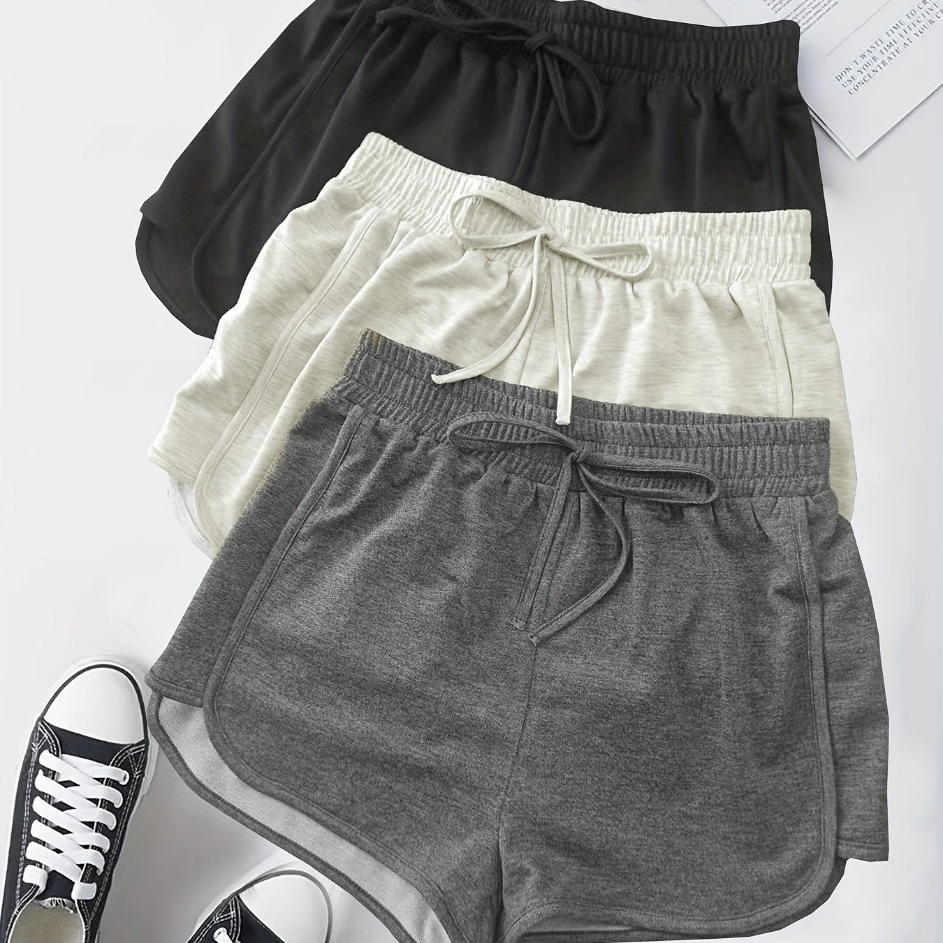 3-Pack Plus Size Sports Shorts Set - High Waist Elastic Drawstring
